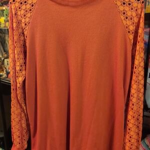 Women’s Orange/Rust Lace-Sleeve Top - Stylish Pullover